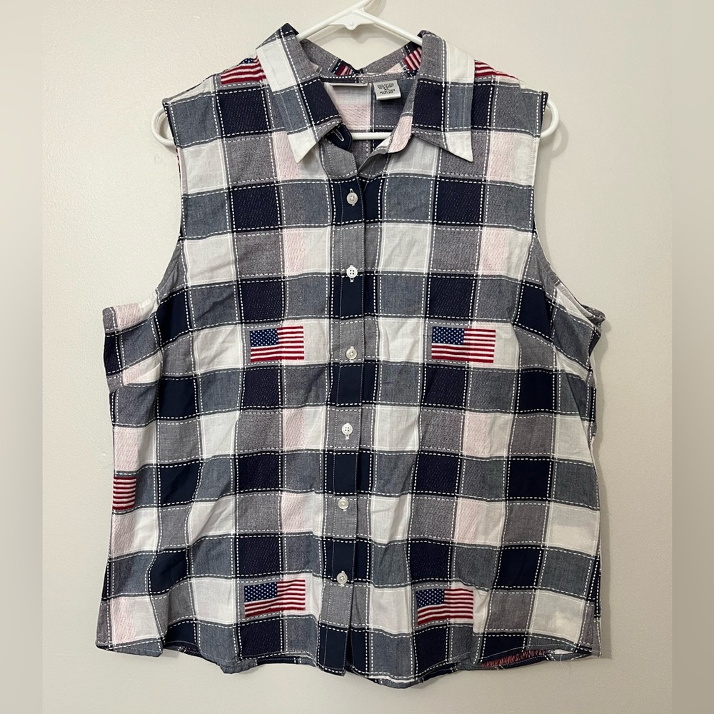 Women’s Vintage 100% Cotton American Flag Plaid Button Up Vest